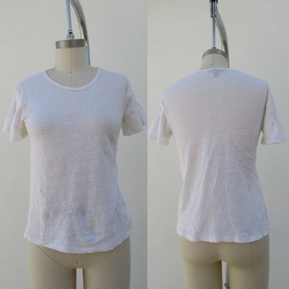 90s Ruffle Sleeve White Linen Jersey Tee Shirt | … - image 7