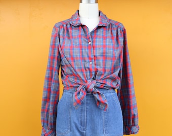 80s Cotton Checkered Ruffled Cottagecore Button Up Front Long Sleeve Blouse | Grannycore 1980s Plaid Button Down Top Shirt  | Large