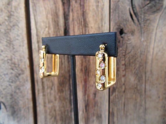 90s Earrings | Rectangle Rectangular Gold Tone Ho… - image 3