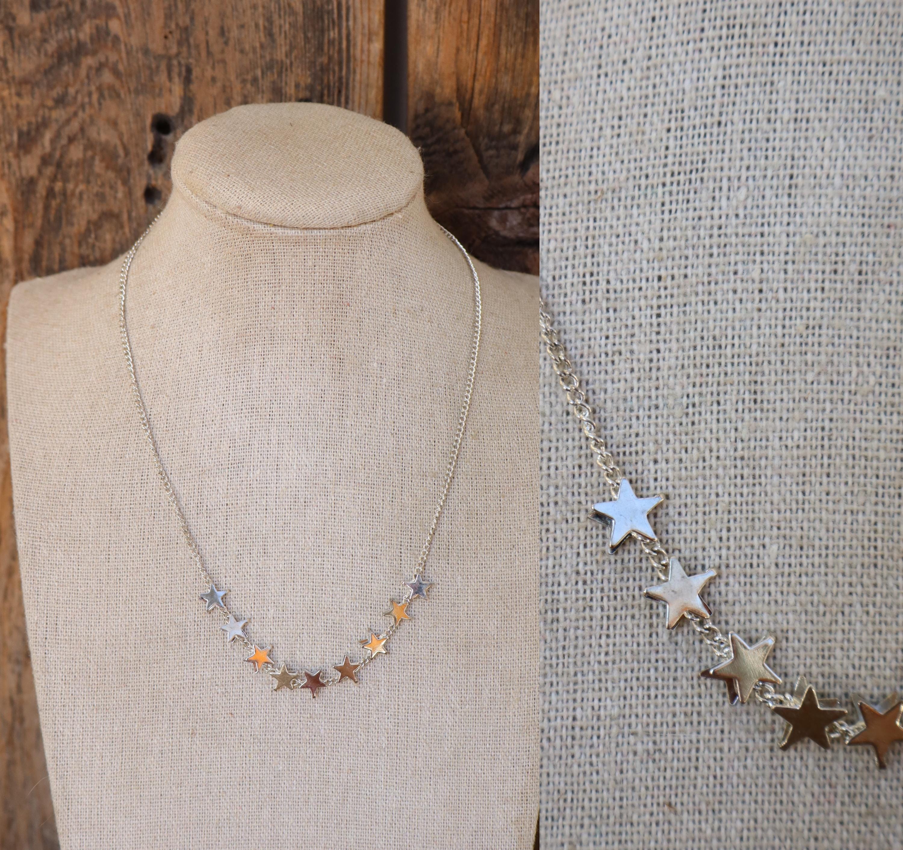 NOS 70s 80s Silver Tone Star Chain Necklace | Star Pendant Choker