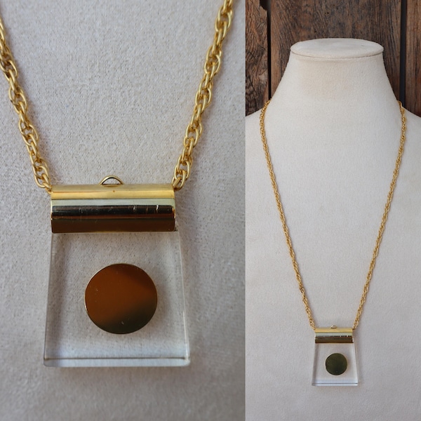 60s 70s Mod Clear Lucite Necklace on Chunky Gold Tone Chain | Geo Statement Necklace