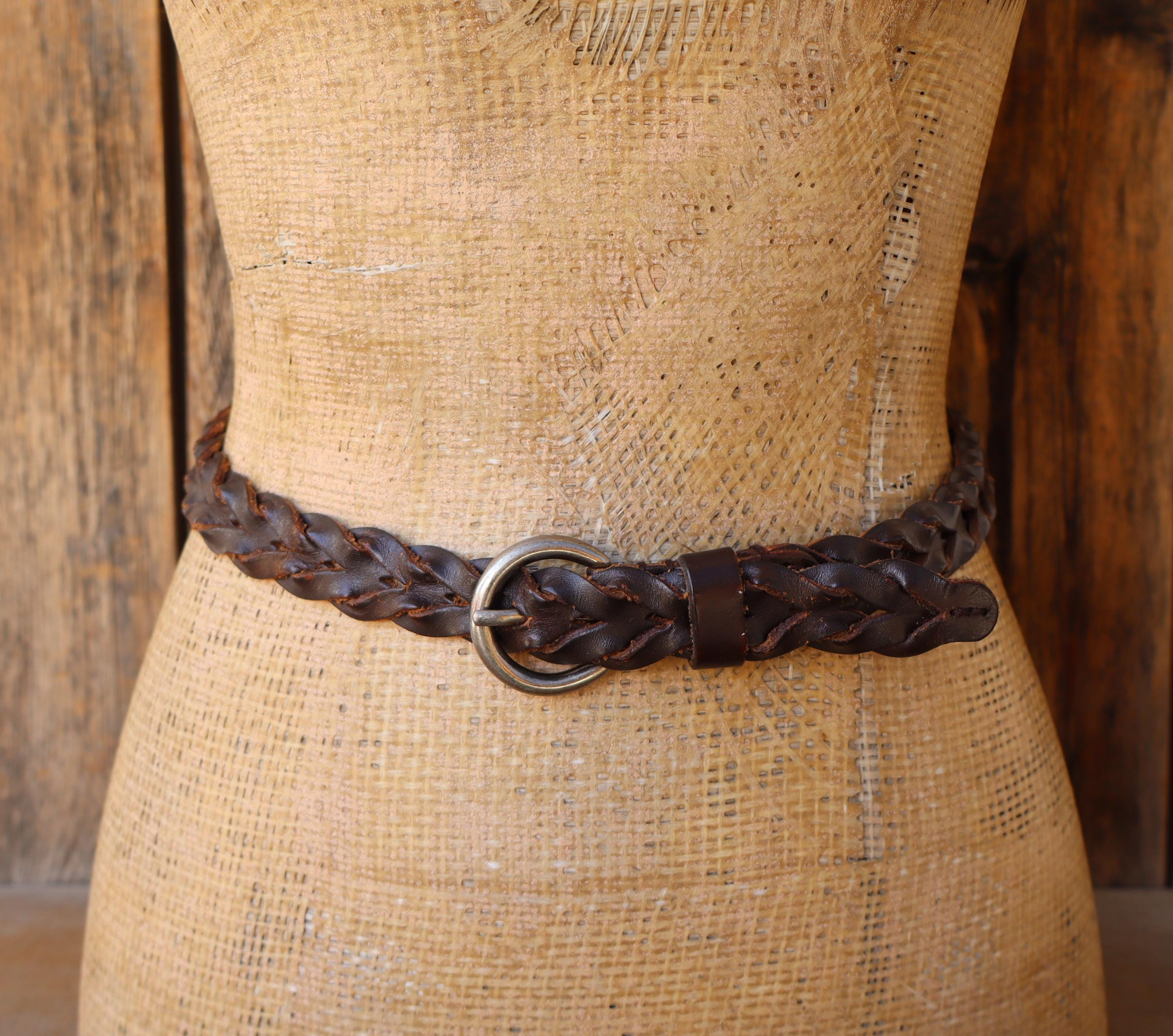 Wide Brown Braided Leather Belt O-ring Buckle Vintage 90s Size L vintage braided brown leather wide belt w/ leather buckle  main image 4