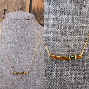 70s  Gold Chain Enamel Butterfly Bar Necklace | Green Cloisonne Butterfly Necklace | Gold Tone Chain Choker Necklace