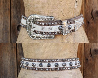 Vintage Western Brown Leather Concho Belt Rhinestone Ornate Silver Buckle 35in Vintage Brown Leather Rhinestone Concho Belt – Western  main image 3