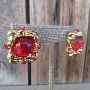 90s Chunky Gold Tone Earrings | Poured Resin Textured Gold Tone Cabochon Bejeweled Earrings | Baroque 1990s Earrings