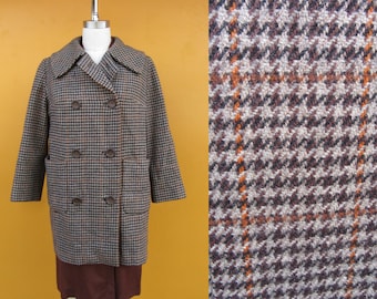 60s 70s Mod Wool Herringbone Riding Jacket | Below the Knee Brown Check Swing Jacket Coat | M
