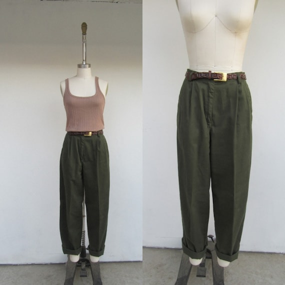 90s Olive Green All Cotton Khakis | High Waist Ple