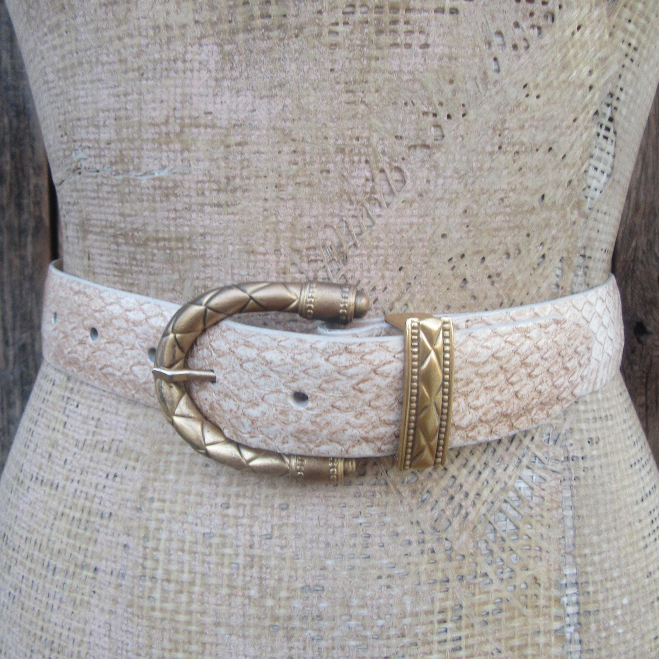 90s CARLISLE Embossed Snake Print Ecru Gold Buckle Leather  display picture 1