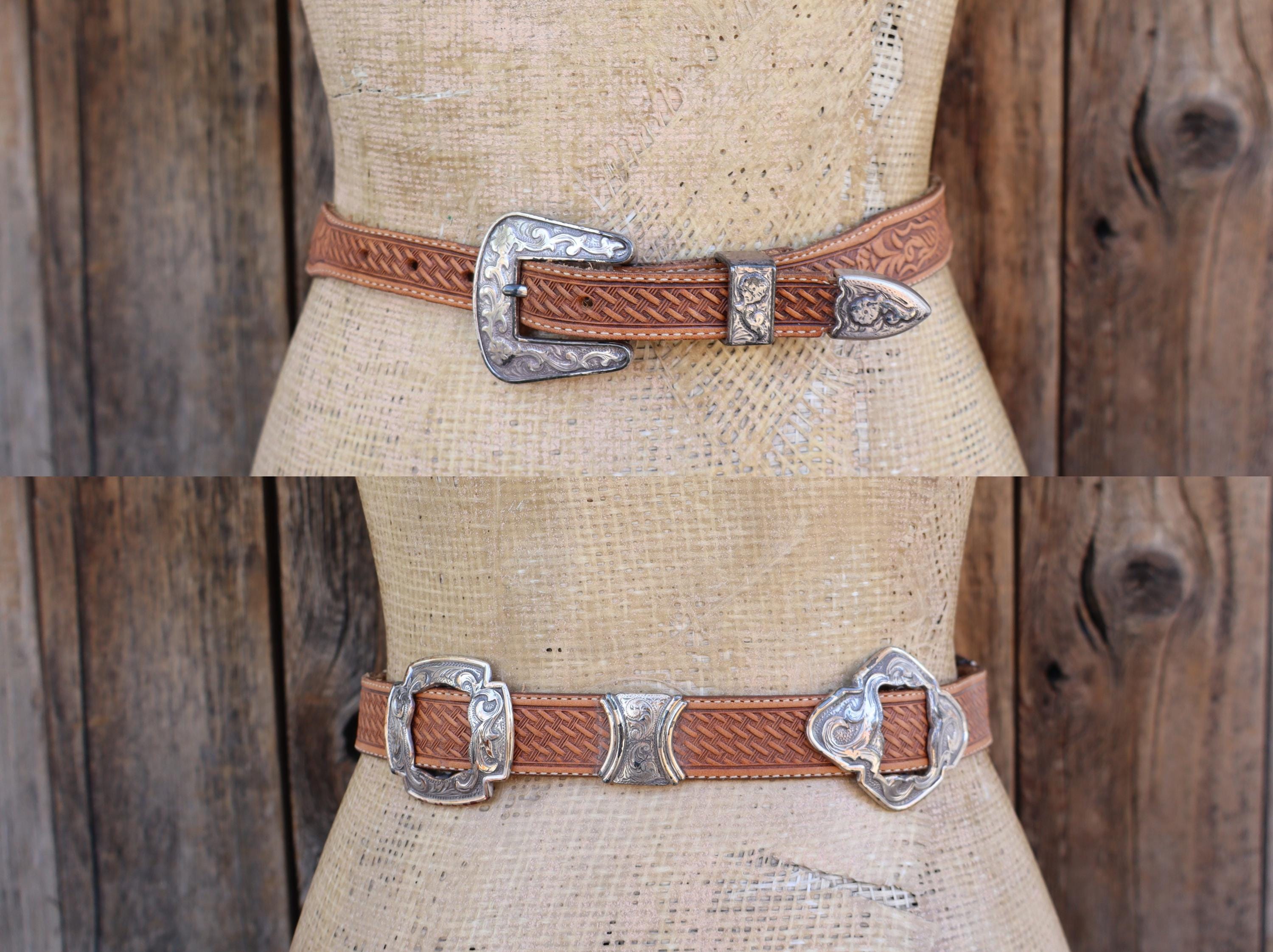 Justin Brown Tooled Cowhide Leather Concho Coin Belt Silver Buckle western 32 in Justin 755BK Leather Western Concho Belt with Silver Accents  main image 4