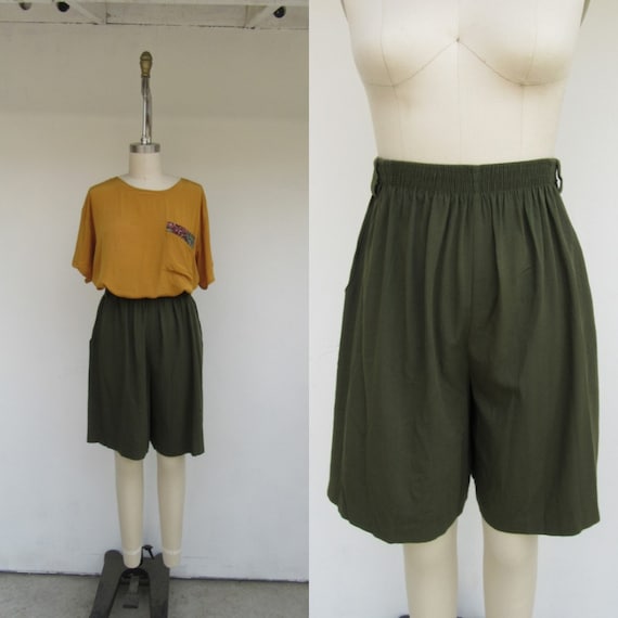 90s High Waist Pleated Olive Green Longline Shorts