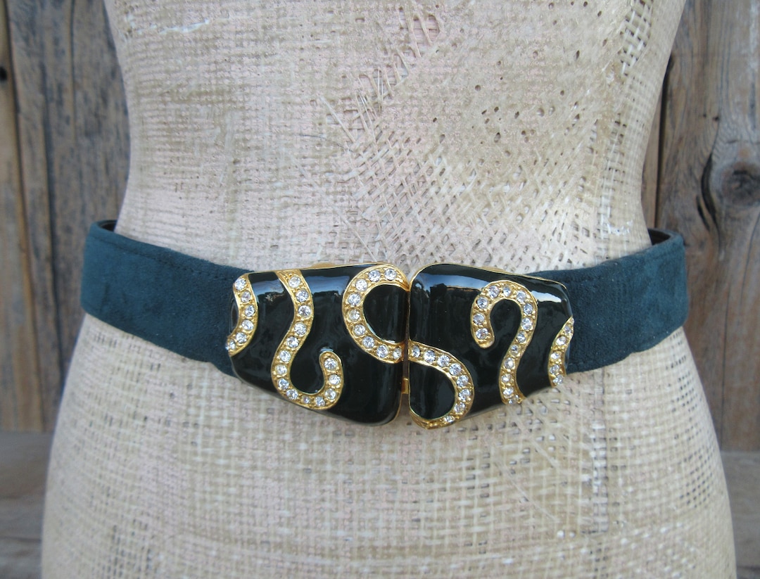 90s Carlisle Dark Green Leather Statement Belt | Rhinestone  display picture 3