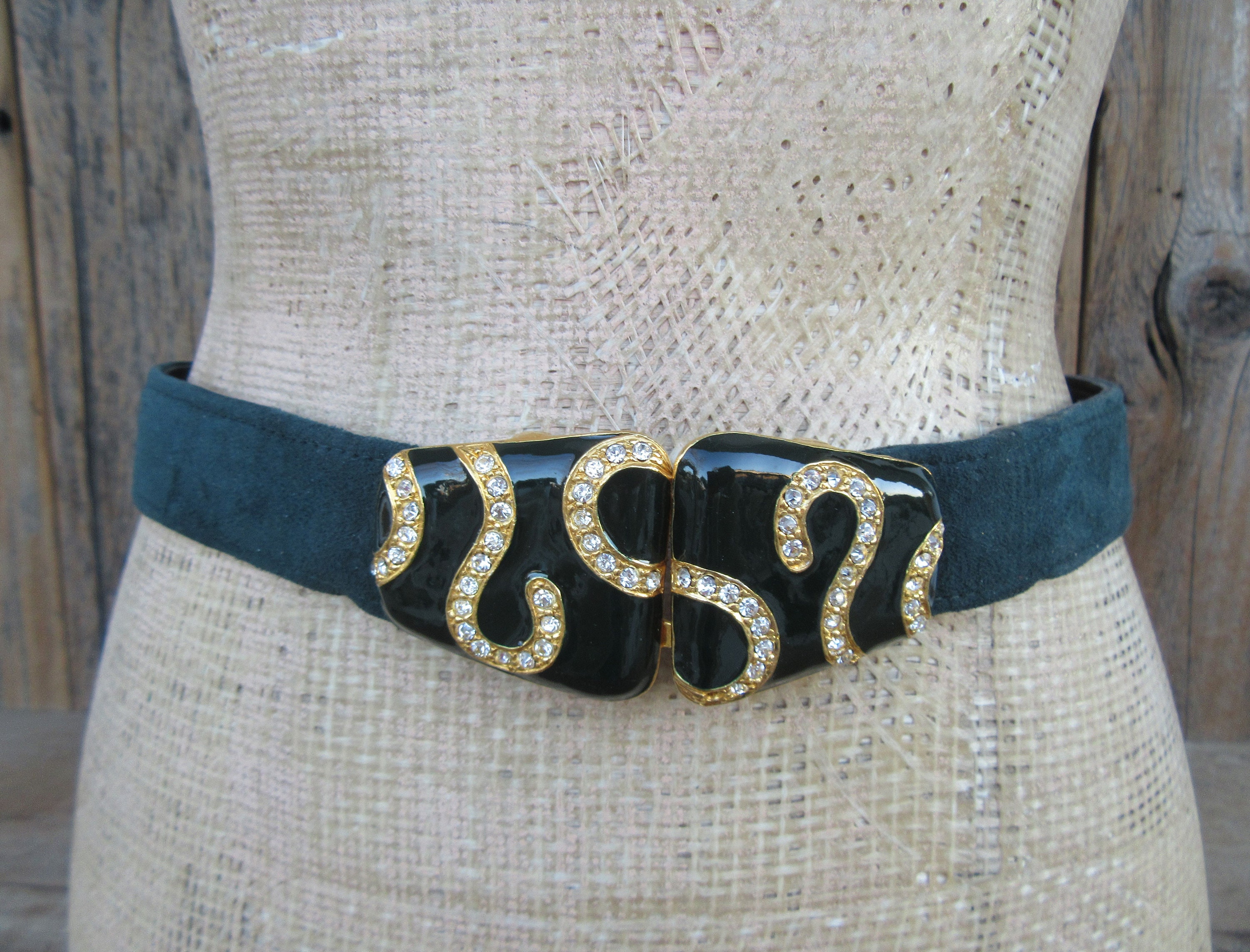 90s Carlisle Dark Green Leather Statement Belt | Rhinestone 