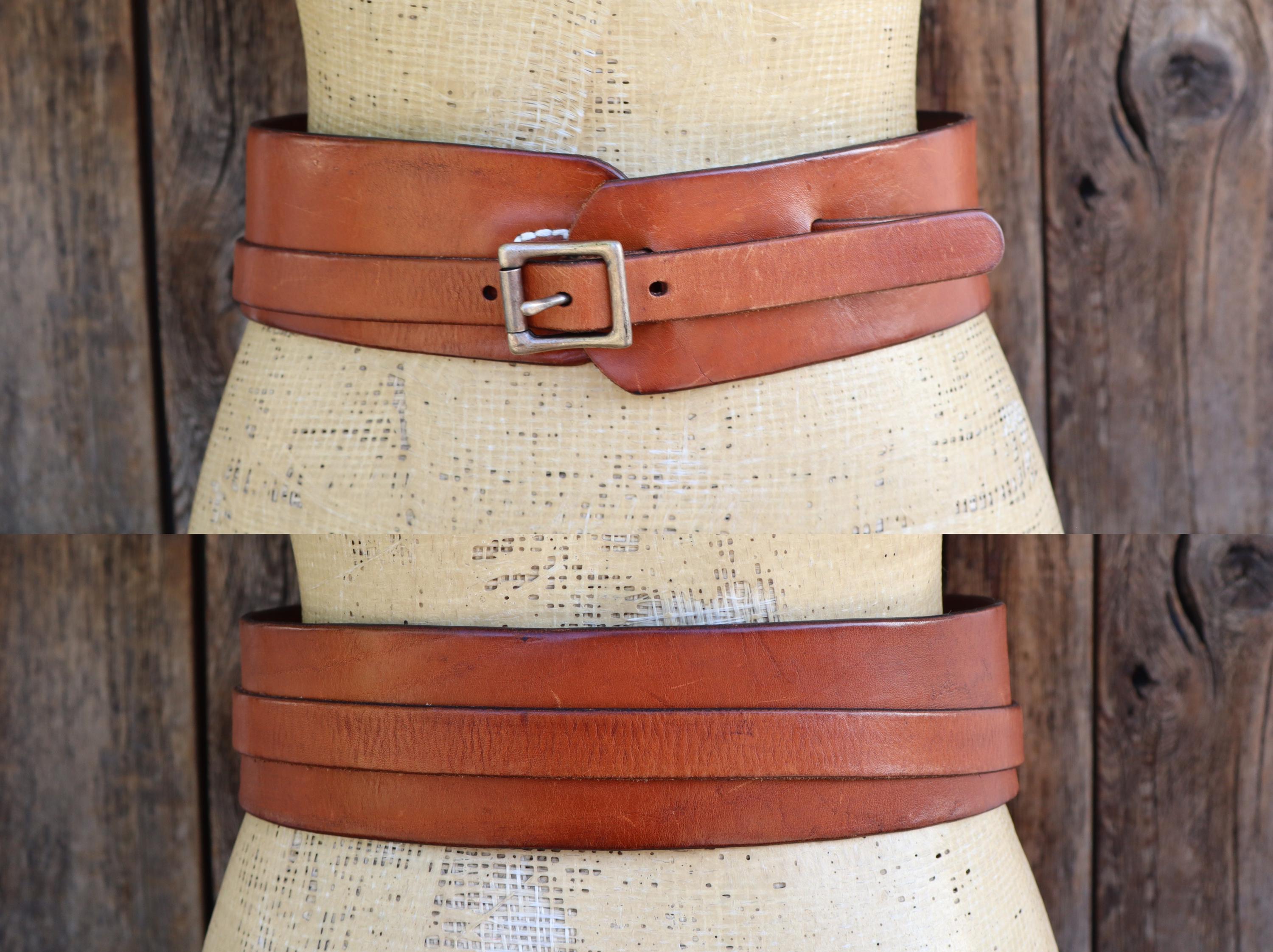 90s Cognac Wide Waist Tie Belt Thick Saddle Leather Belt | 27 to