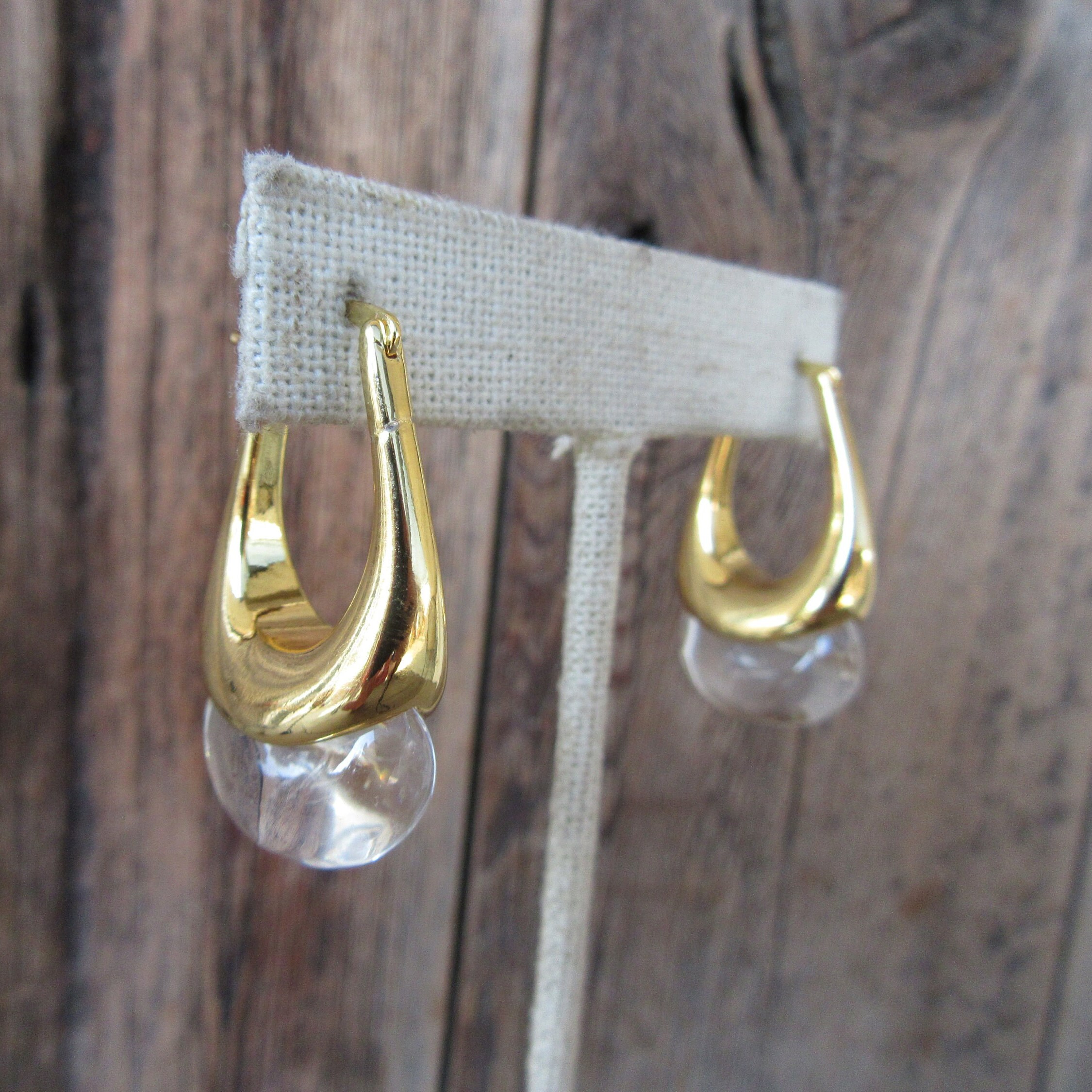 90s Teardrop Gold Tone Hoops | Clear Resin Hoops
