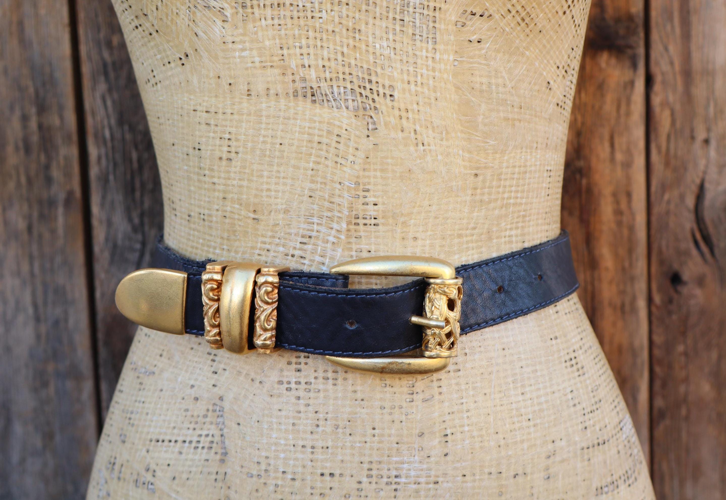 Vintage Leatherock Leather and rafia Belt wlarge ornate metal Buckle LEATHEROCK Leather Gold Belts for Women for sale | eBay main image 2