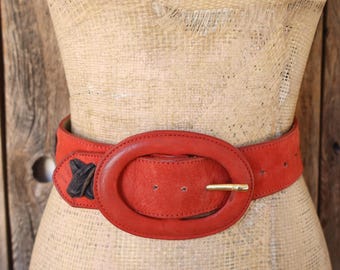 80s Lipstick Red Wide Leather Wide Waist Belt | Soft Leather  display picture 1