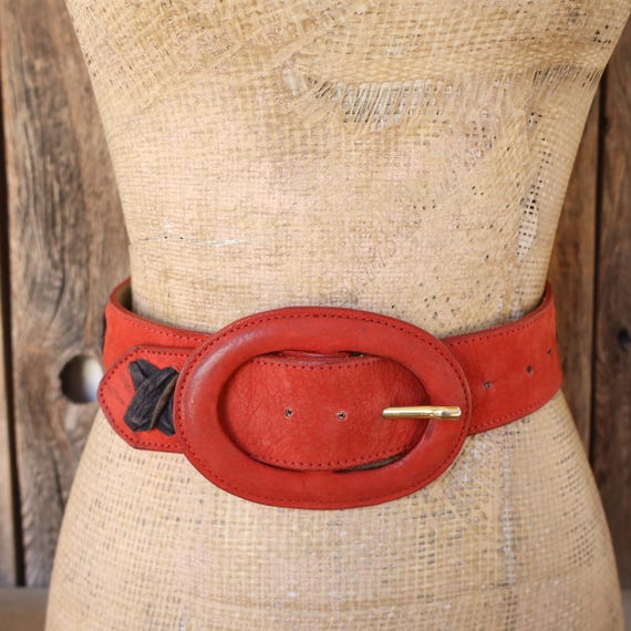 80s CARLOS FALCHI Wide Red and Black X Leather Waist Belt 