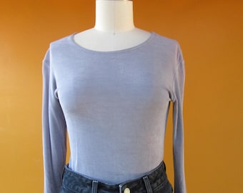 90s Weighty Lavender Micro Ribbed Acetate 3/4 Sleeve Top | Slinky Shirt Blouse | Medium
