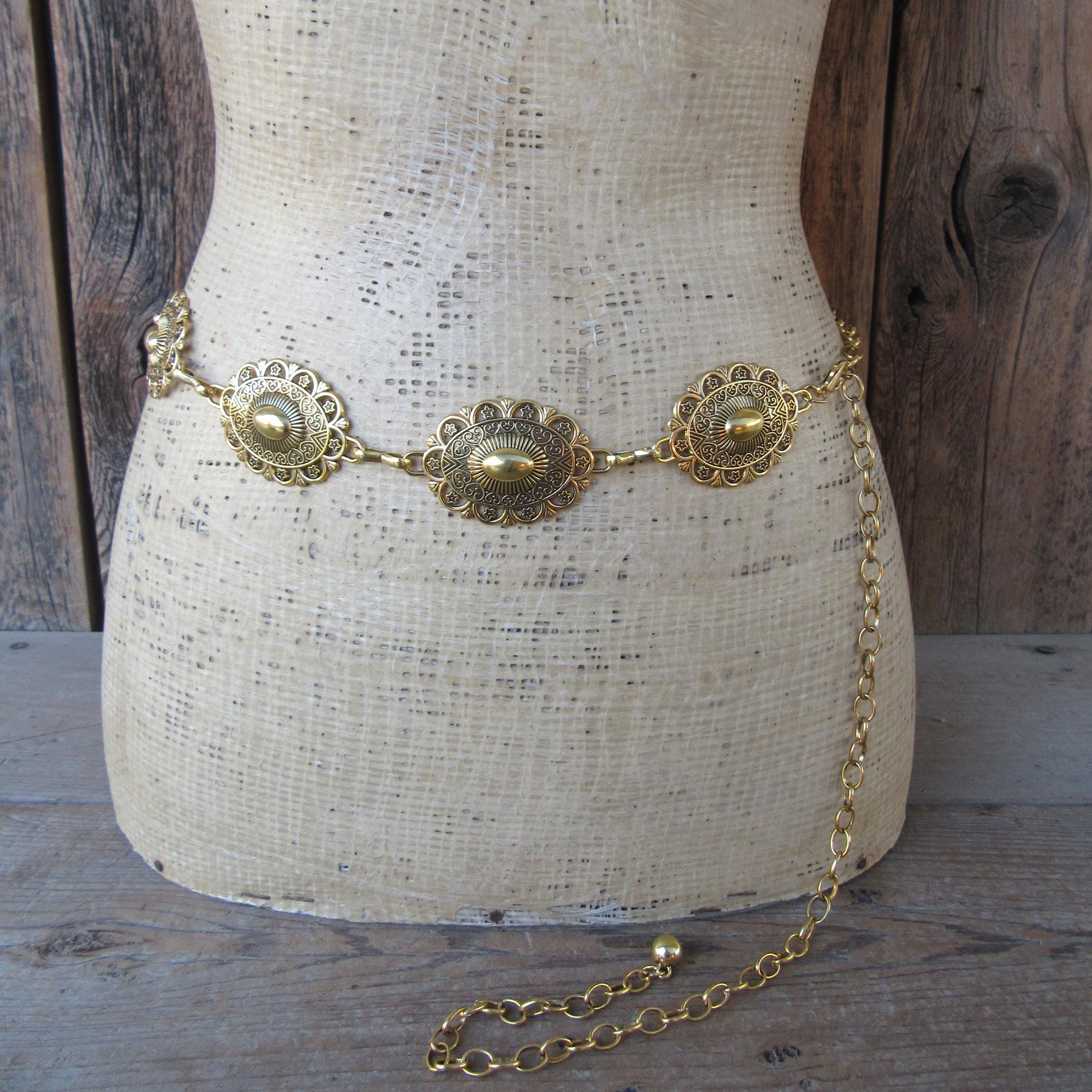 80s 90s Metal Concho Belt | Faux Gold Southwest Cowgirl  display picture 1