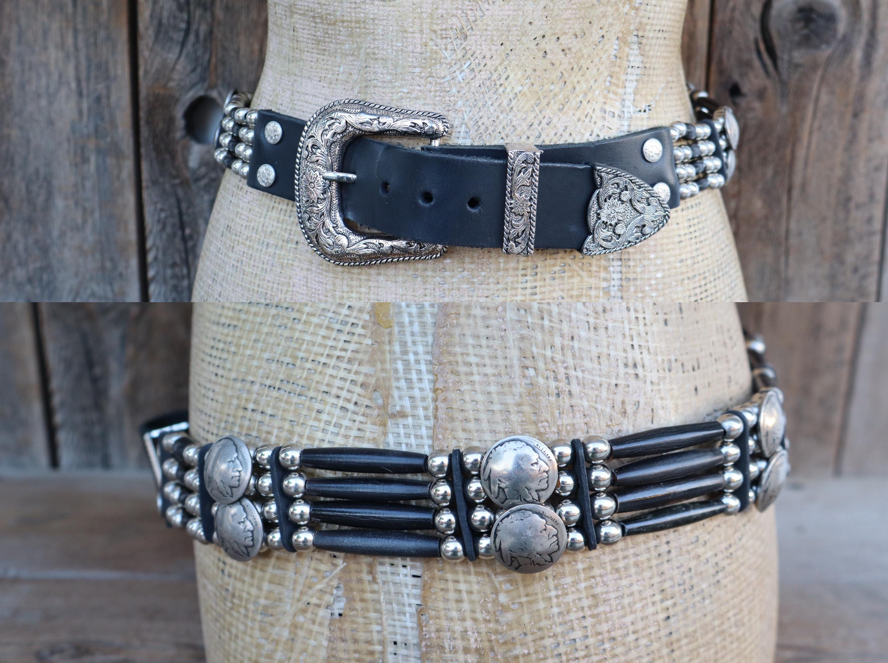 80s 90s Black Leather Buffalo Nickel Beaded Ranger Buckle Belt