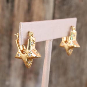 90s Gold Tone Starburst Earrings | Rhinestone Lever Back Hoops