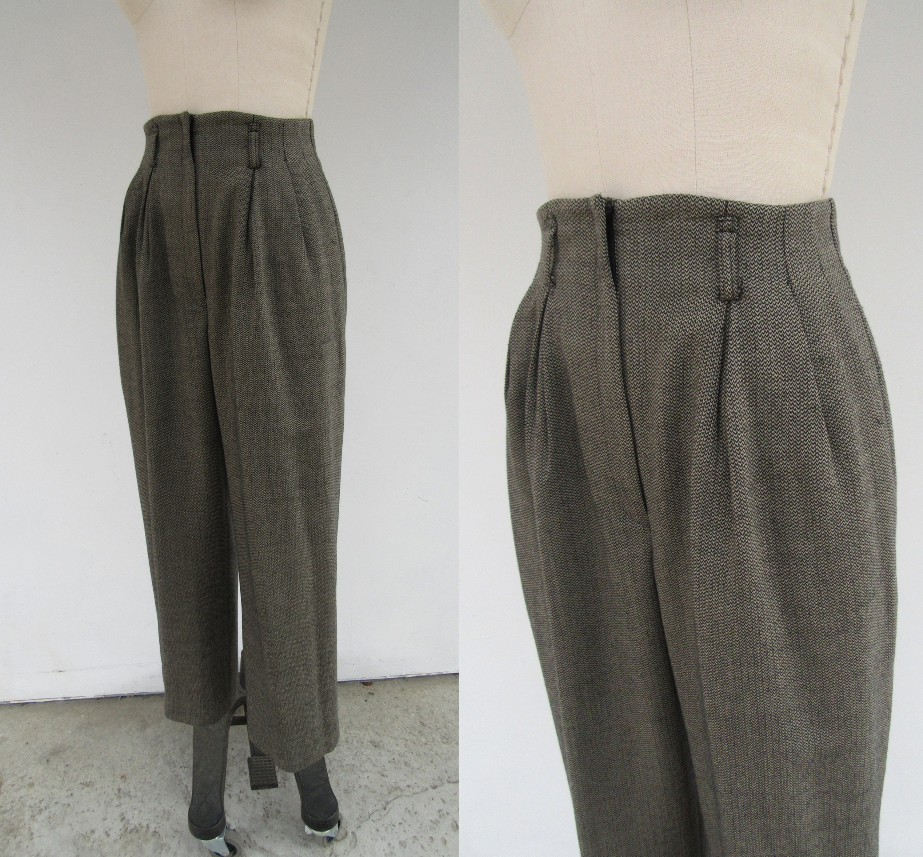 90s High Waist Pleated Herringbone Wool Trousers | Black and 90s High Waist Pleated Herringbone Wool Trousers | Black and