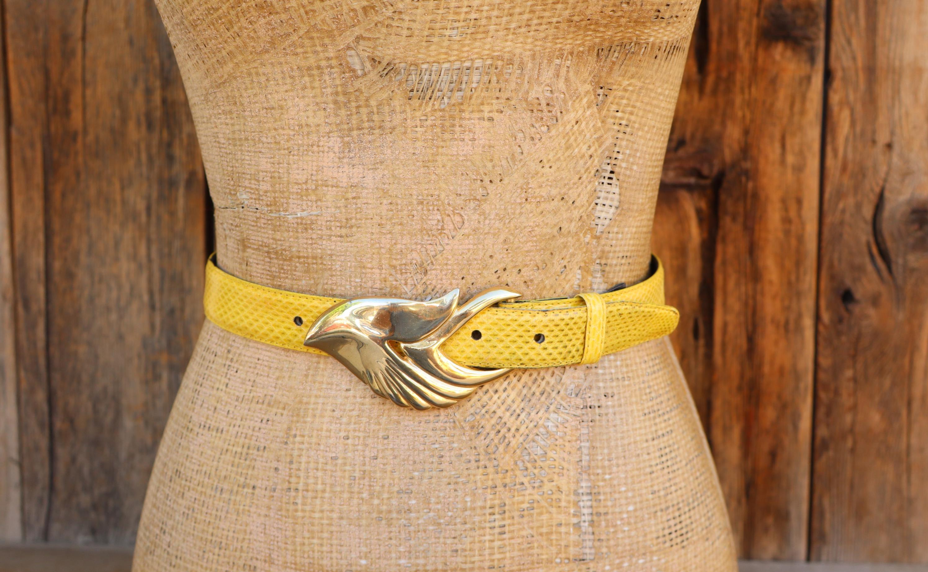 80s 90s Yellow Snakeskin Belt | Snake Belt Trouser Belt  display picture 3