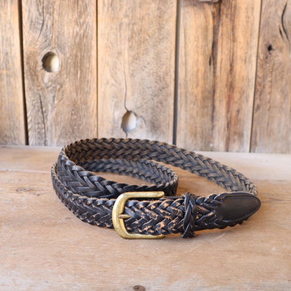 90s PLUS SIZE Distressed Woven Braided Black Leather Trouser Belt
