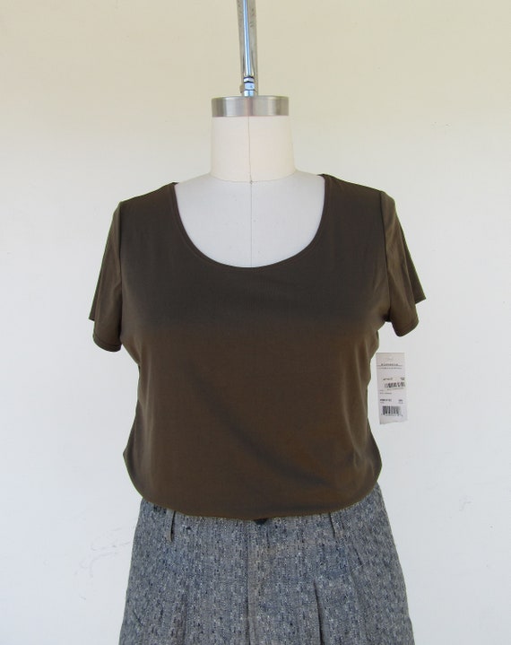 90s NOS Nylon Tee Shirt | Olive Brown Minimal Tee… - image 2