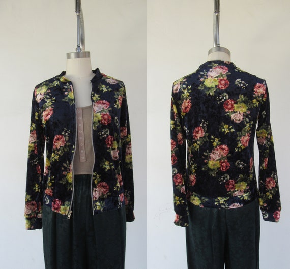 90s Crushed Velvet Floral Zip Front Jacket | Zip … - image 3