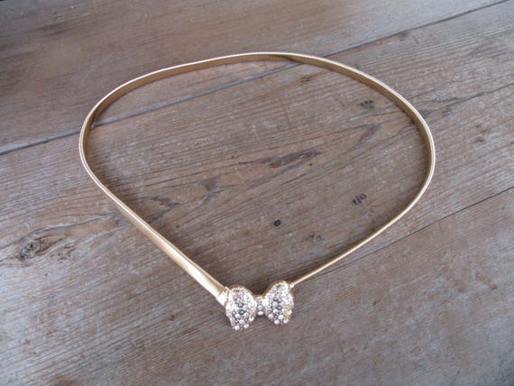 1990s Gold Metal Rhinestone Bow Stretch Belt | 80s 90s  display picture 1