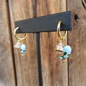 Y2K Gold Tone Hoop Earrings | Cloisonne Enamel Heart Hoop Earrings | Floral Enamel Earrings | Cottagecore