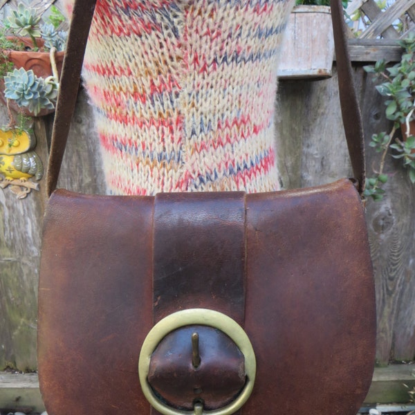 Vintage 1970s Leather Hippie Boho Bag Purse Tote Handbag Festival Chic Satchel Handmade ONe of  Kind