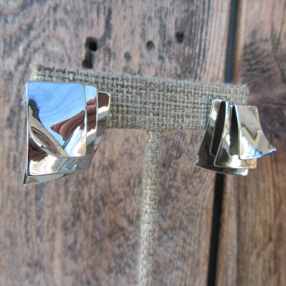 90s Silver Tone Earrings | Folded Rectangle Geo G… - image 1