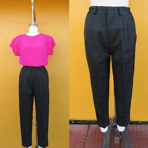 80s 90s BLack Pleated High Waist Tapered Trousers | Dark Academia Slacks | Minimalist Officecore Pants | 26 to 29"  Waist