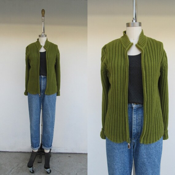 90s Minimal Kelp Green Zip Front Sweater Jacket C