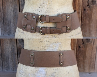 90s Brown Harness Leather Wide Waist Double Buckle Wide Waist Belt | 30 to 32