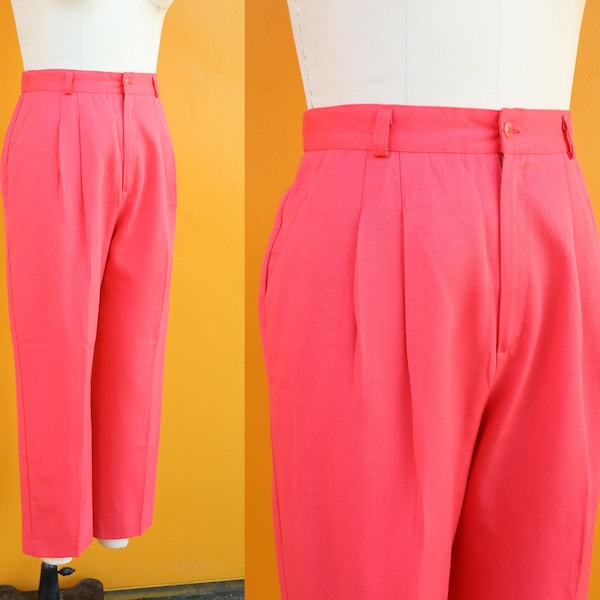 Geplooide broek met hoge taille uit de jaren 90 koraal linnen look | Officecore-broek | Zakelijke casual broek | 28 tot 31