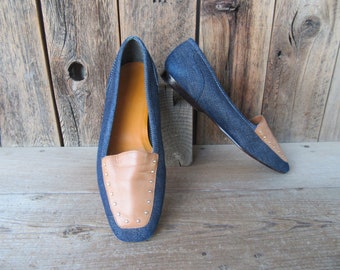 90s Denim and Brown Leather Flats | Denim Tuxedo Loafers | Studded Loafers | Minimalist Minimal 1990s Loafers Flats Shoes | 9.5