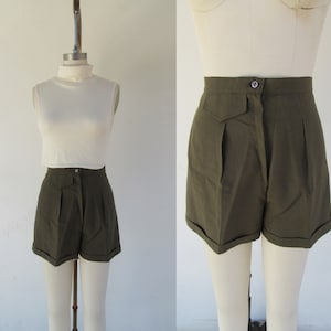 70s 60s Olive Drab High Waist Pleated Shorts | Linen Look Cuffed Shorts | Home Sewn From a Pattern Vintage Shorts |