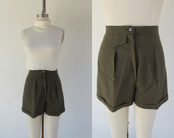 70s 60s Olive Drab High Waist Pleated Shorts | Linen Look Cuffed Shorts | Home Sewn From a Pattern Vintage Shorts |