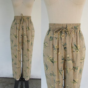 90s Rayon Cottagecore Floral Easy Pants | Elastic Waist Trousers| Flower Print Pull on Minimal Drawstring Cropped Mom Pants | Size 8