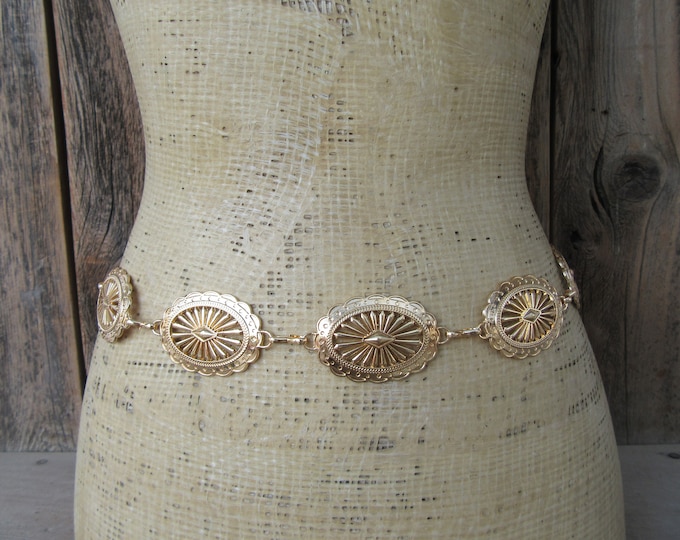 Western Metal Concho Belt, Hollow Out Daisy Chain Belt Adjustable Boho Gold