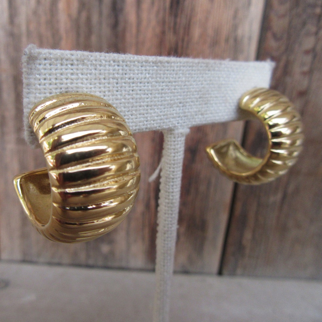 90s Chunky Gold Tone Hoop Earrings | Fat Wide Fluted Hoops | Minimalist ...