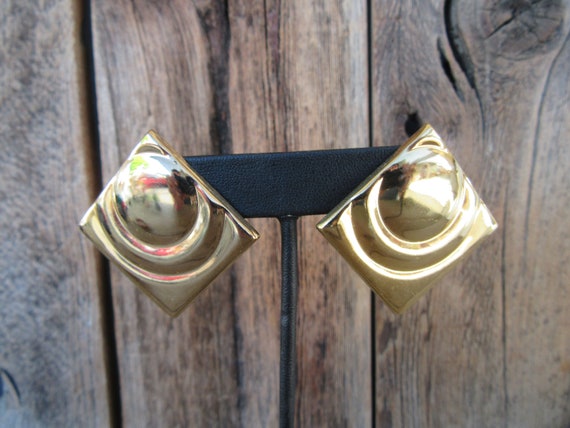 90s Earrings | Unpierced Gold Tone Square Fluted … - image 3