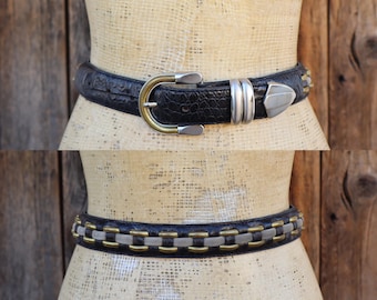 80s 90s Metal Mesh and Black Leather Belt | Silver Metal  display picture 2