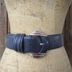 80s 90s Navy Blue Leather Wide Waist Belt | Leather Belt | Dark Academia Business Casual | 26.5 to 30.5