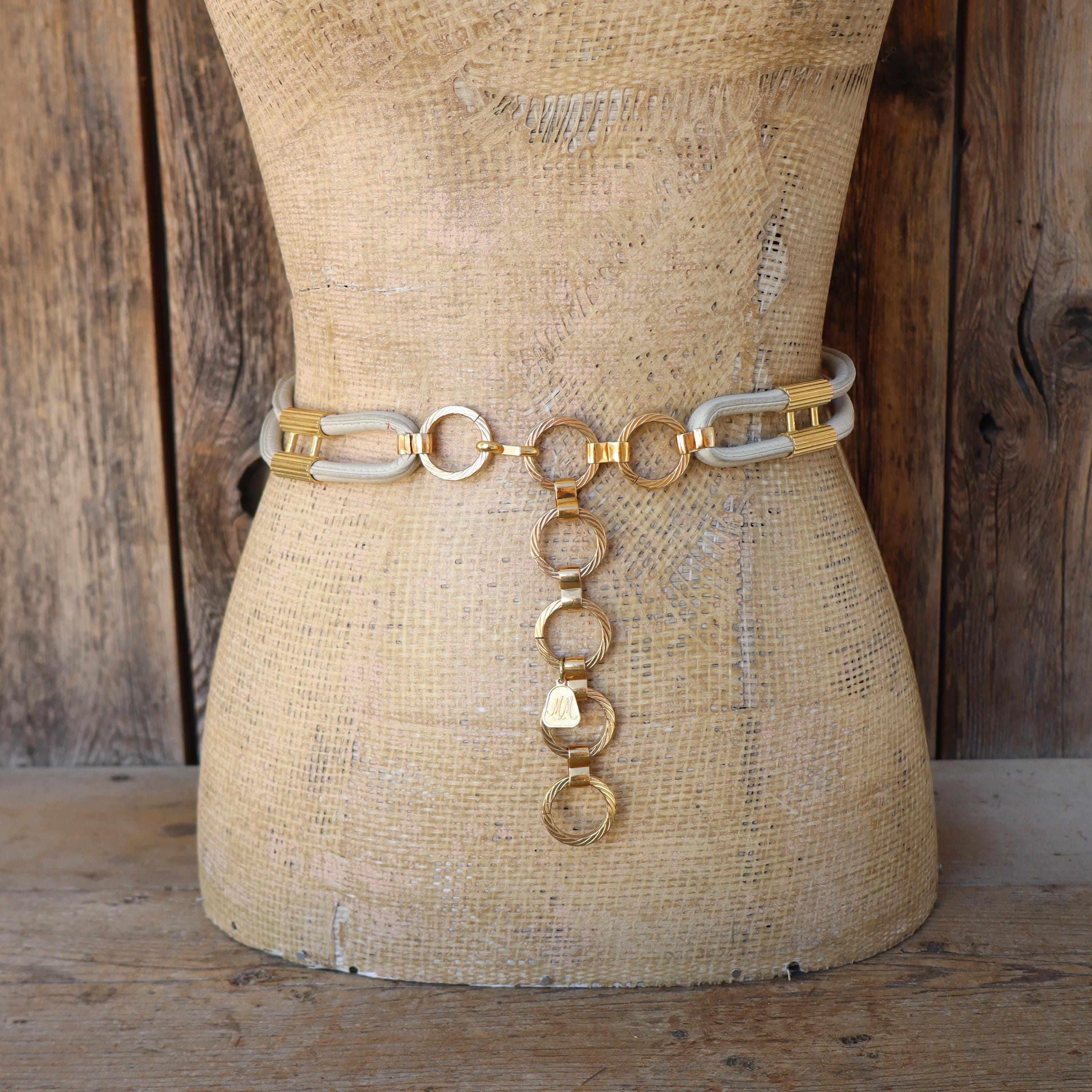 小物 UND WIDE CHAIN BELT 80s 90s Beige Leather Cord Belt With Gold Tone Chain Waist Belt