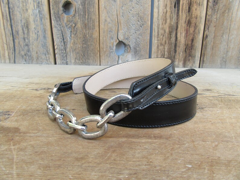1990s Leather and Metal Ring Belt Leather and Metal Trouser Belt Size M Leather and Chain Waist Belt 32 to 34
