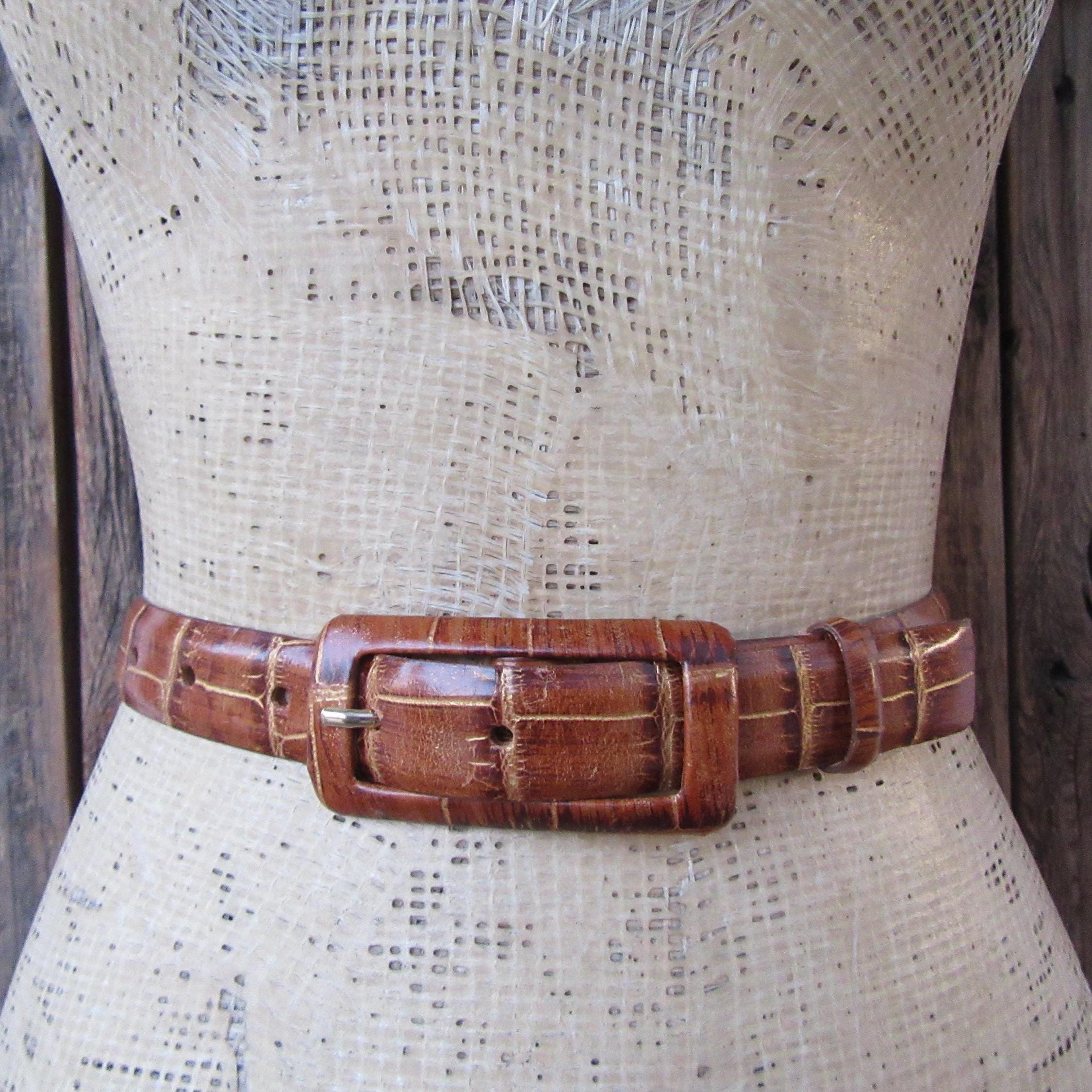 90s Qualheim Bollorini Croco Embossed Cognac Leather Belt 